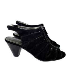 Bandolino Black Cage Micro Suede Peep Toe Heels Slingback Sandals Women's 8.5